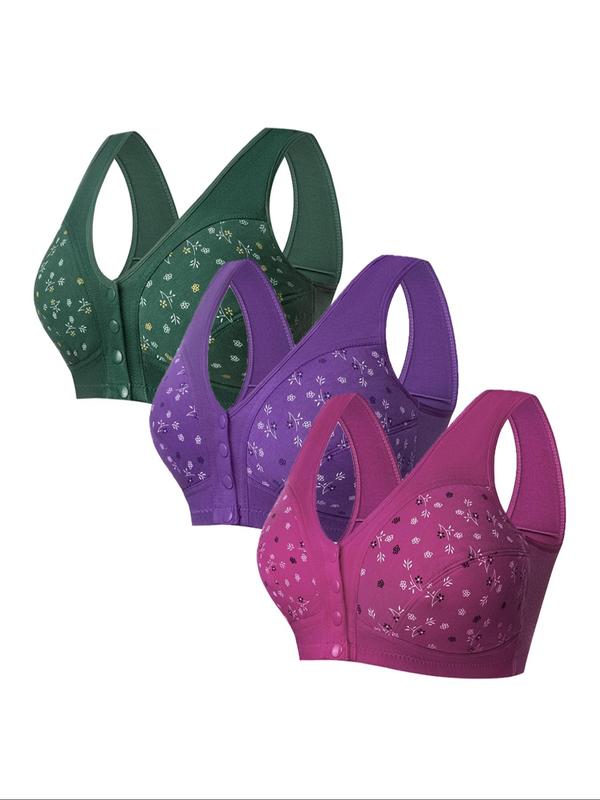 Plus Size Floral Print Button Front Bra, Comfy Breathable Wireless Bralette, Women's Plus Size Lingeries for All Seasons